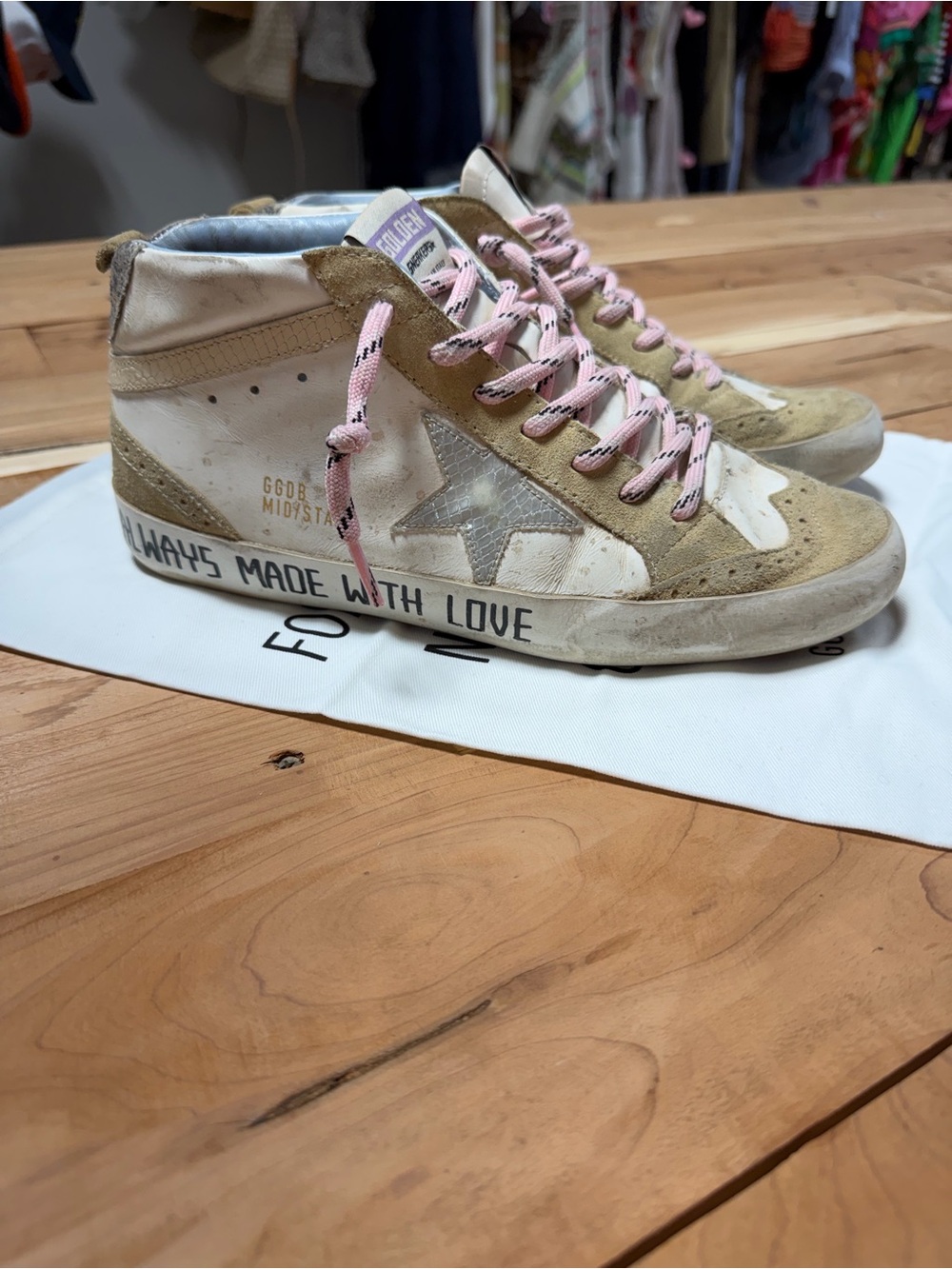 Golden Goose-Style High-Top Sneakers in Beige & White with Pink Laces